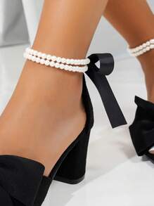 Sztuczne perły, kokarda, pasek, sandały na wysokim obcasie, motyle, eleganckie, wysokie obcasy, modny design, odkryte palce, gruby obcas, sandały na średnim obcasie, uniwersalne buty letnie na wakacje, randki, imprezy, styl księżniczki