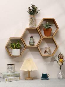 1 pieza Estantería flotante de pared estilo rústico bohemio en forma de hexágono, estantería de exhibición de plantas en panal y librería, estantería de almacenamiento colgante con gancho invisible, adecuada para sala de estar, dormitorio y entrada, estantería de exhibición colgante de estilo granja para plantas, decoración y libros - Color de la madera - Ver 3