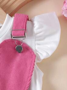 2 件幼儿女童休闲户外白色盖袖上衣 + 卡其色吊带裤套装，轻便夏季 - 玫紅色 - 查看 5