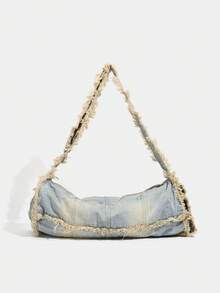 Y2K Distressed Denim Print Underarm Bag, Large-Capacity Tassel-Decorated Baguette Bag, Retro Casual Shoulder Bag, Street-Style Women's Niche Design Handbag, Suitable For Daily Campus Life, Weekend Shopping, Dating Parties - Multicolor - View 8