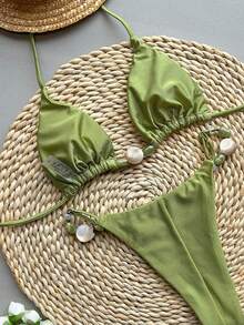 Swmmer Liket Women's Solid Color Halter Backless Beaded Bikini Set With Tie Back And High Stretch Fabric - Green - View 5