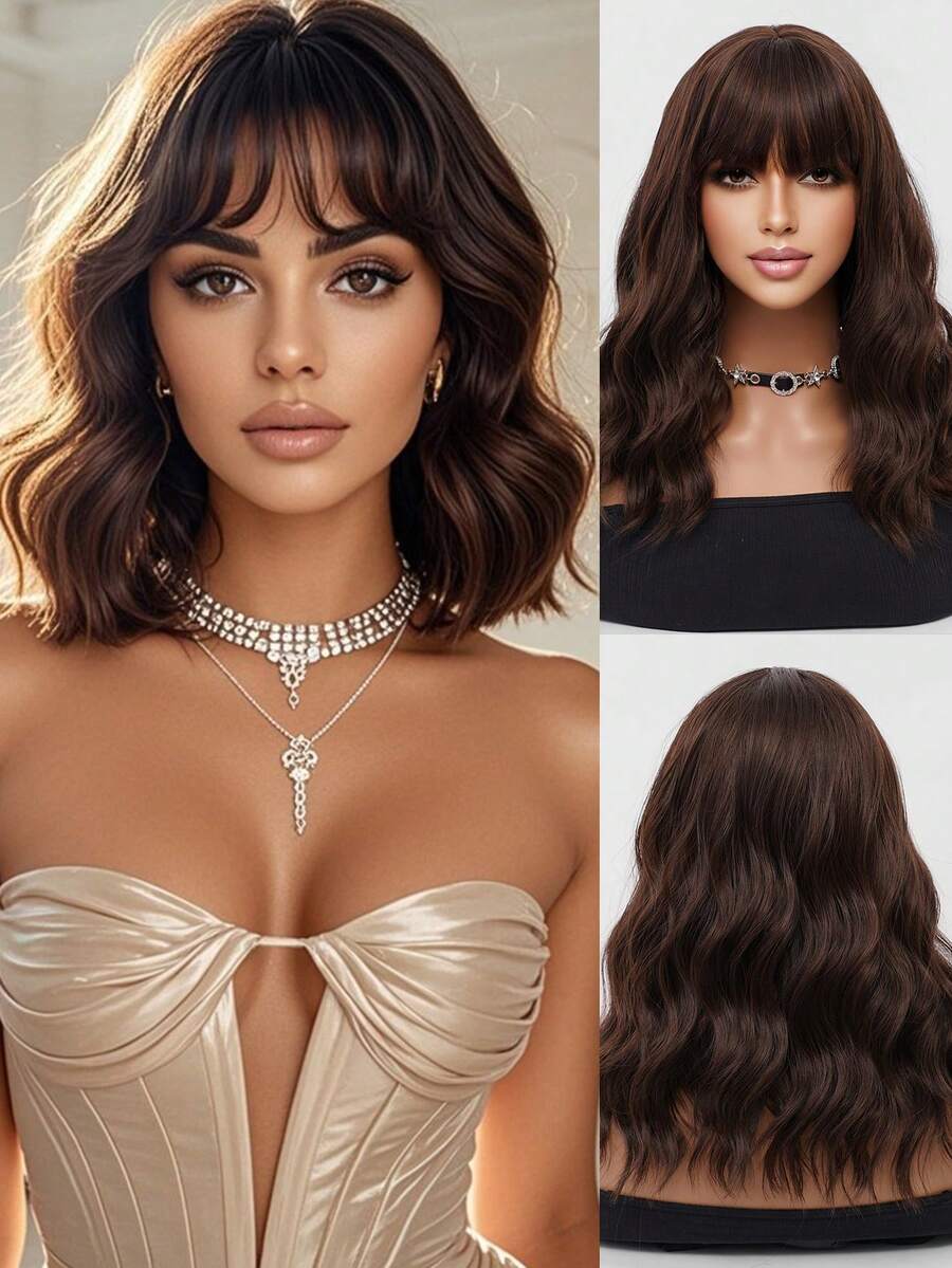 Perruque synthétique courte bouclée châtain foncé avec frange, coupe au carré, duveteuse, naturelle, mate, respirante, confortable, pour femme, idéale pour un usage quotidien, une fête, un costume élégant, un cosplay, résistante à la chaleur, 40 cm - Marron foncé - Voir 1