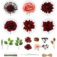 Artificial Flowers Combo, Champagne Silk Roses, Peonies, Dahlias With Stems For DIY Wedding Bouquets, Baby Shower, Table Centerpieces, Home Decor, Fake Floral Arrangements, Party Decorations - 紅色 - 查看 6