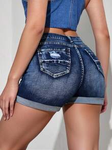 Shorts vaqueros enrollados, shorts vaqueros lavados de verano para mujer versátiles, corte ajustado, elásticos - Azul - Ver 2