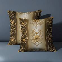 1PC Modern Golden Floral Decorative Pillow Covers 45.72x45.72 Cm - Single-Sided Printed Zipper Closure, Machine Washable 100% Polyester For Living Room, Bedroom & Sofa Decor, Bedroom Accessories, Contemporary Style, Smooth Texture Fabric
