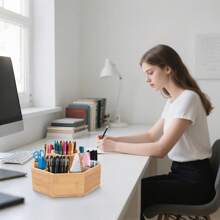360° Rotating Desktop Storage Box Bamboo Rotating Storage Box With 8 Compartments Can Hold More Than 300 Pencils, Pens, Markers, Brushes Suitable For Living Room Study Office Desktop