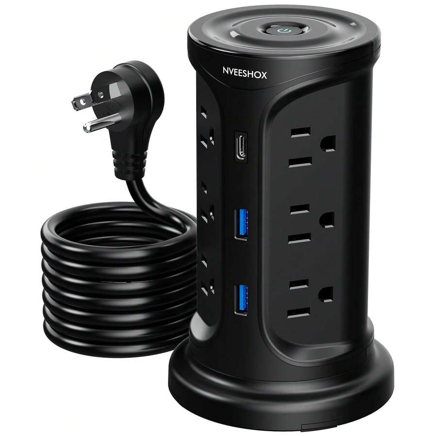 NVEESHOX Surge Protector Power Strip Tower With 4 USB Ports (Type-C), Outlet Extender Extension Cable 6.5 Ft, 1080 Joules, 12 AC Outlets, Flat Plug, Screw Wall Mounted, Suitable For Dorm Home Office - 查看 1