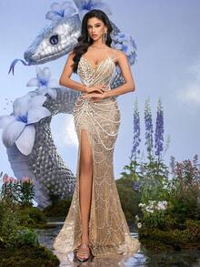 Đầm dạ hội không tay đính sequin lấp lánh và quyến rũ, thích hợp cho các bữa tối trang trọng, tiệc tùng và các buổi lễ kỷ niệm. - Rượu sâm banh - Xem 6