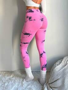 Leggings de yoga estilo tie-dye con gran elasticidad - Rosa - Ver 2