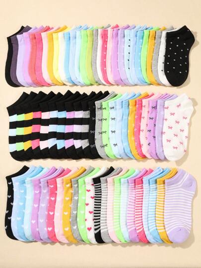 20 pares de calcetines cortos para niños: de colores de caramelo, con lazo de encaje, con diseño de corazón, a rayas, suaves, cómodos, casuales, a juego con todo, calcetines de tobillo para estudiantes - Adecuados para uso diario, colores aleatorios mezclados