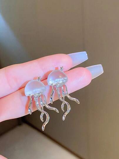 1 Pair Minimalist Silver Sea Jellyfsh Matte Finish Earrings, Ocean Style