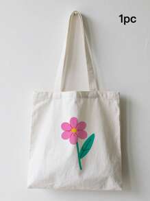 1pc Plant Flower Simple Fashion Canvas Print Handbag Shoulder Bag Tote Bag, Portable Storage Bag, Gift Packaging Bag, Laundry Bag, School Use, Home Decoration, Book Notebook Storage Bag, Snack Bag, Gift Storage Bag, Daily Necessities Storage Bag, Travel Storage Bag, Birthday Gift, Teacher Gift, Back To School Gift, Graduation Gift, Thanksgiving Gift, Christmas Gift, New Year Gift, Gift Essential, Washable And Reusable