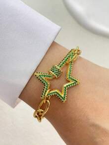 STYLEVER 1 PC Gold Five Pointed Starburst Bracelet, Set With Diamonds, Stainless Steel Chain, Suitable For Holiday Gifts, Exquisite Matching - Yellow Gold - View 13