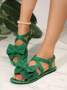 Nuovi arrivi, sandali piatti da donna taglie forti, con punta tonda, decorati con fiocco elasticizzato, minimalisti e comodi, sandali casual estivi alla moda, da spiaggia, con punta aperta e slip on - Verde - Visualizzare 3