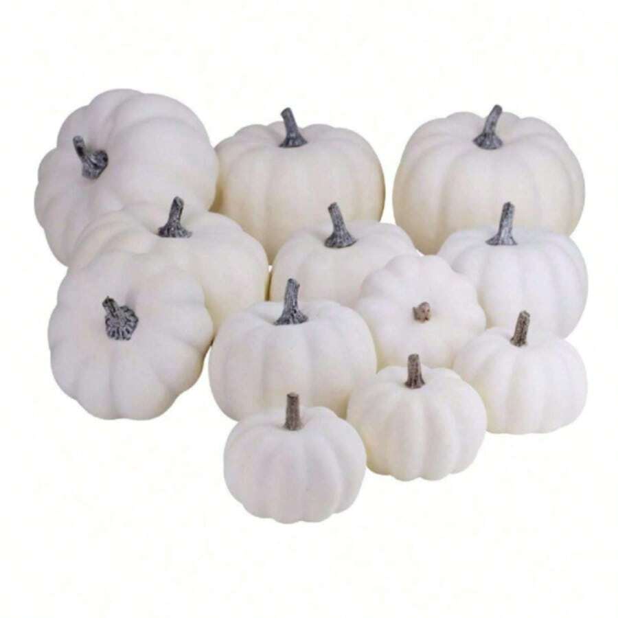 12pcs Assorted Size Rustic White Artificial Pumpkins, Suitable For Halloween, Thanksgiving Fall Decor, Harvest Display,Fake Plants