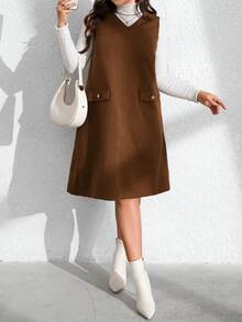 Plus Size Women Diamond Dzianinowa Sukienka Bez Rękawów Casualowa Z Fałszywymi Kieszeniami, Odpowiednia Na Wiosnę, Wczesną Jesień, Jesień/Zimę