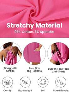 Women Plus Size Sports Dress With Built-In Shorts, Womens Athletic Sleeveless Romper Dress With Built-In Shorts, Summer Tennis Sundress With Spaghetti Straps & Pockets - Hot Pink - View 6