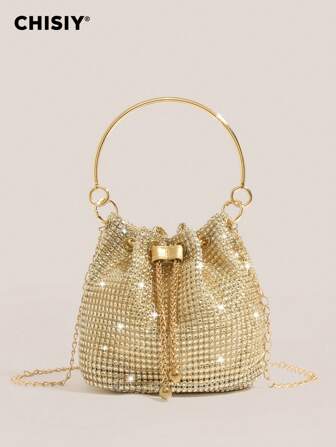 CHISIY 1pc High-End Handmade Sparkling Rhinestone Metal Bracelet, Fancy Gold PVC & Fabric Elegant Bucket Tote Bag, Large Capacity Multi-Purpose Women Messenger Bag For Office, Shopping, Travel, Party, Suitable For Halloween, Christmas, Autumn/Winter