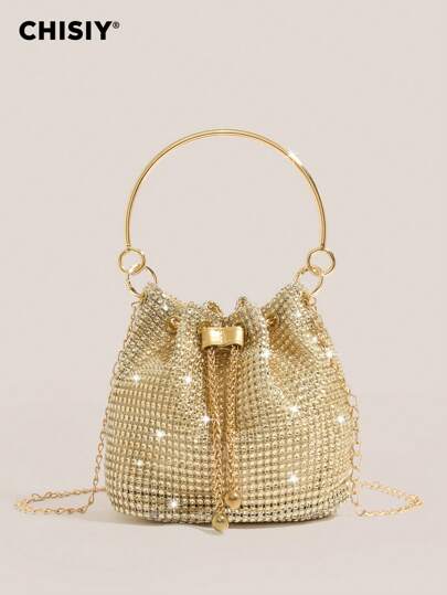 CHISIY 1pc High-End Handmade Sparkling Rhinestone Metal Bracelet, Fancy Gold PVC & Fabric Elegant Bucket Tote Bag, Large Capacity Multi-Purpose Women Messenger Bag For Office, Shopping, Travel, Party, Suitable For Halloween, Christmas, Autumn/Winter
