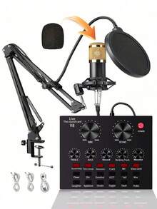Kit d'équipement pour podcast, microphone podcast BM800 et carte son V8, V8S, capacité de batterie de 500 mAh, table de mixage externe sur site, convertisseur vocal avec de multiples effets sonores - interface audio - parfait pour l'enregistrement, le chant, le streaming et le jeu - Noir - Voir 2