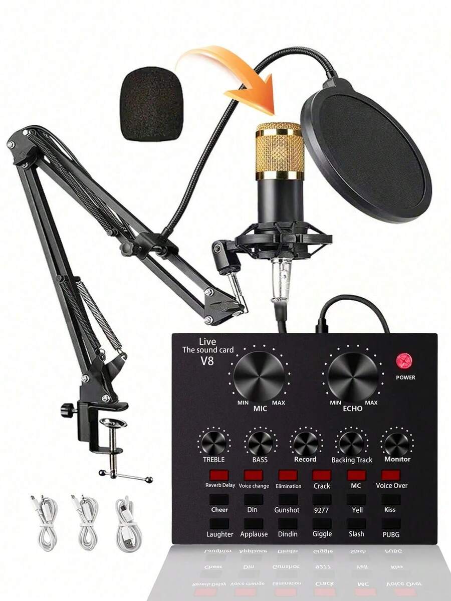 Kit d'équipement pour podcast, microphone podcast BM800 et carte son V8, V8S, capacité de batterie de 500 mAh, table de mixage externe sur site, convertisseur vocal avec de multiples effets sonores - interface audio - parfait pour l'enregistrement, le chant, le streaming et le jeu
