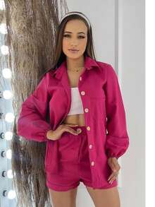 Simple Elegant Casual Linen Pocket Shirt Short Set Women Winter Summer - 玫紅色 - 查看 2