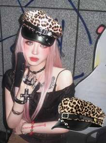 1pc Couple Style Year-Round Unique Design Punk Fashion Leopard Print Pattern Naval Beret Hat With Metal Studs, Leather Buckle, Spider Decoration, Vintage Distressed PU Leather Newsboy Cap