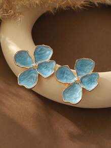 Summer Turquoise Women's Zinc Alloy Stud Earrings - Hawaiian 4-Petal Flower Design Bohemian Style Enamel, Suitable For Beach Vacation