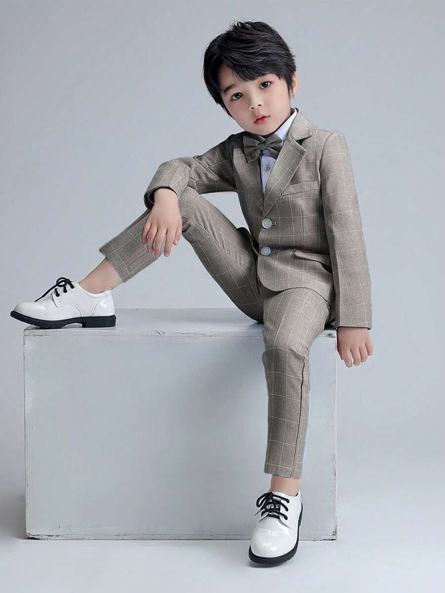 3pcs/Set Young Boy Plaid Suit Jacket, Pants And Necktie, Formal Wear For Parties, Weddings, School Performances, Autumn