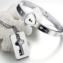 1 set de joyas a juego para parejas con pulsera de acero inoxidable con candado con forma de corazón y collar con dije con forma de llave, no se desvanecen