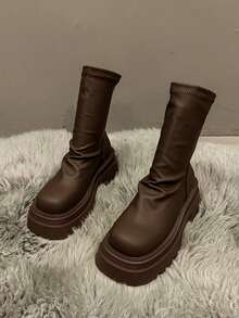 2024春秋季新款女士过膝靴，弹力修身设计厚底高筒马靴，棕色靴子 - 棕色 - 查看 2