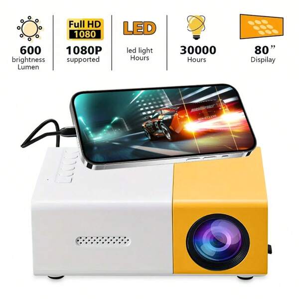 Miniprojetor portátil YG300 de 1 peça, conecte-se facilmente ao seu celular e leve-o para casa, festas ou escritório. Compatível com USB/SD/AV/HD e outras interfaces, além de uma porta Tipo C. Sem sistema integrado; suporta espelhamento de tela com fio de celulares.