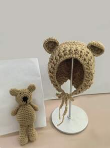 Set di cappellini da bebè a forma di orsacchiotto, accessori per fotografia neonati, giocattoli, cappelli in maglia per neonati, bambola da posa per servizi fotografici di bambini e bambine