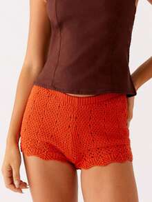Women Knit Shorts Y2k Crochet Knitted Mini Shorts Cute Elastic Waist Solid Color Hollow Out Bottom Summer Beachwear Lounge Shorts - 橘色 - 查看 2