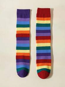 1/2/3 Pairs Girls Rainbow Striped Over-The-Knee Socks, Fashion All Season - Multicolor - View 15