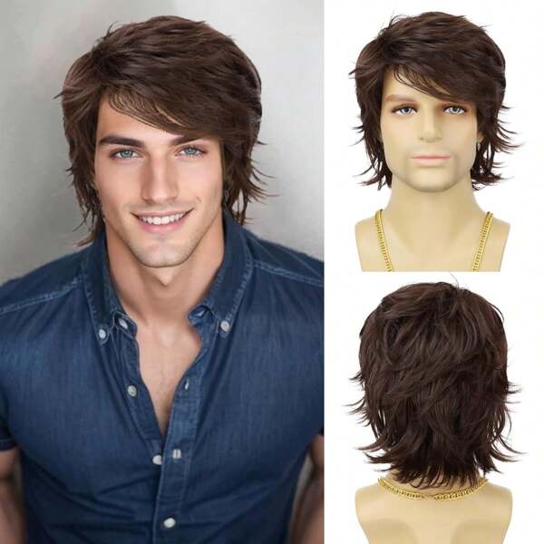 Men Wig Short Brown Layered Heat Resistant Synthetic Wigs For Male Daily Party Cosplay Costume Halloween Use