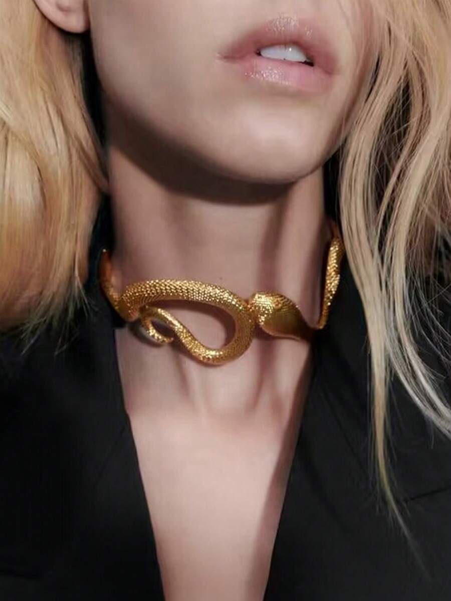 ZAA 蛇形锁骨链 夸张金属风格项链 立体蛇形个性项链 不对称复古项链 嘻哈配饰 - 金色 - 查看 1