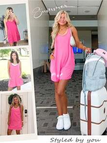 Women Plus Size Sports Dress With Built-In Shorts, Womens Athletic Sleeveless Romper Dress With Built-In Shorts, Summer Tennis Sundress With Spaghetti Straps & Pockets - Hot Pink - View 5