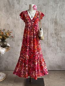 Rusttydustty Rochie maxi florală de vară, rochie lungă de vacanță, rochie boho florală, rochie ... lungă cu imprimeu floral și guler în V, rochie rochie de vacanță, rochie lungă de vacanță - roșu - Vizualizare 4
