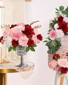 Artificial Flowers Combo, Champagne Silk Roses, Peonies, Dahlias With Stems For DIY Wedding Bouquets, Baby Shower, Table Centerpieces, Home Decor, Fake Floral Arrangements, Party Decorations - 深粉紅色 - 查看 4