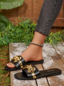 女士金色蝴蝶装饰凉鞋，平底一脚蹬夏季休闲黑色拖鞋，适合日常穿着、居家和户外 - 黑色 - 查看 5
