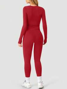 YEIFIN WinterTwo-Piece Set Women's Solid Long Sleeve Tee & Leggings Tracksuit Set, Sporty Round Neck Top & Skinny Pants For Yoga Gym Workout, Spring/Summer Women's Sportswear