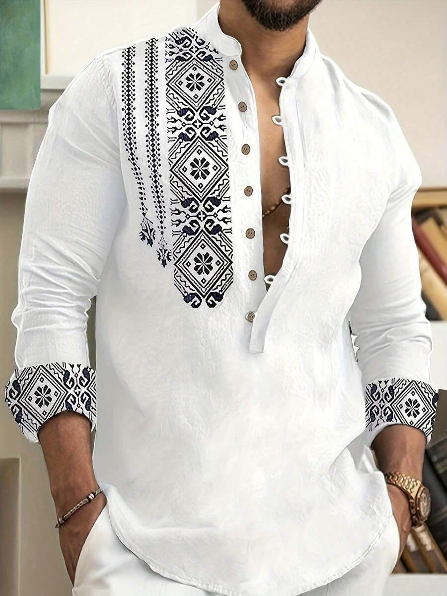 Men's V Neck Loose Henley T-Shirt, Button Down Shirt, Long Sleeve Top, Perfect For A Summer Beach Look - In màu trắng - Xem 1
