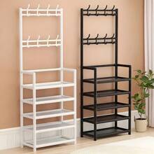 1pc Entry Coat Rack, 23.62" Wide Entryway Shoe Rack, Free Standing Clothes Hanger With 4/5 Tier Storage Shelves And 8 Double Hooks, Organizer For Living Room, Bathroom, Hallway (Self-Assembly Required)