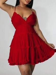 Women's Sexy Backless Sundress - V-Neck Slip Dress With Flutter Hem & Thin Straps, Minimalist Summer Dress For Beach & Date Nights - 紅色 - 查看 5