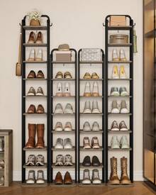 HEXCELEN Zapatero vertical de 10 niveles, torre para espacios pequeños, independiente, ajustable, ahorra espacio, color marfil claro y negro - Gris - Ver 8