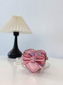 Holographic Pearl Strap Crossbody Bag With Bow & Heart Design, Girls Shoulder Bag