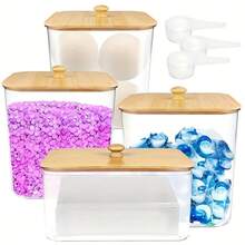 Laundry Pods Container,Clear Laundry Room Organization Containers,Large Laundry Detergent Powder Storage Containers With Wooden Lids & Labels,Laundry Pods Holder For Scent Booster,Powder,Pods, Bathroom Accessories, Room Decor - Multicolor - View 8