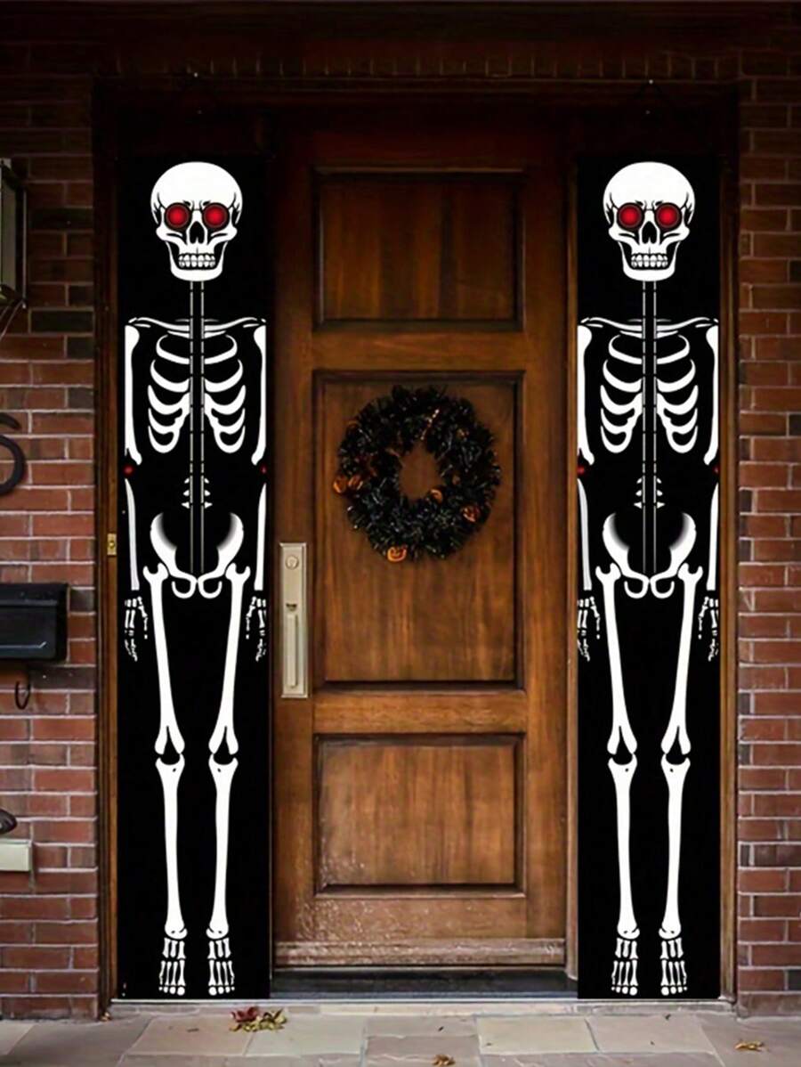 2 pezzi Decorazione da appendere alla porta con scheletri soldato per Ognissanti - Striscione bifacciale in poliestere per veranda, decorazione spaventosa da appendere per porta d'ingresso, veranda, giardino e pareti di casa, senza necessità di alimentazione elettrica per feste di Ognissanti