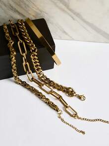 4pcs/Set Gold Plated Stainless Steel Women's Chain Bracelets Bangle Set, Fashionable And Simple, Suitable For Daily Wear Winter Gifts - Necklace - View 3